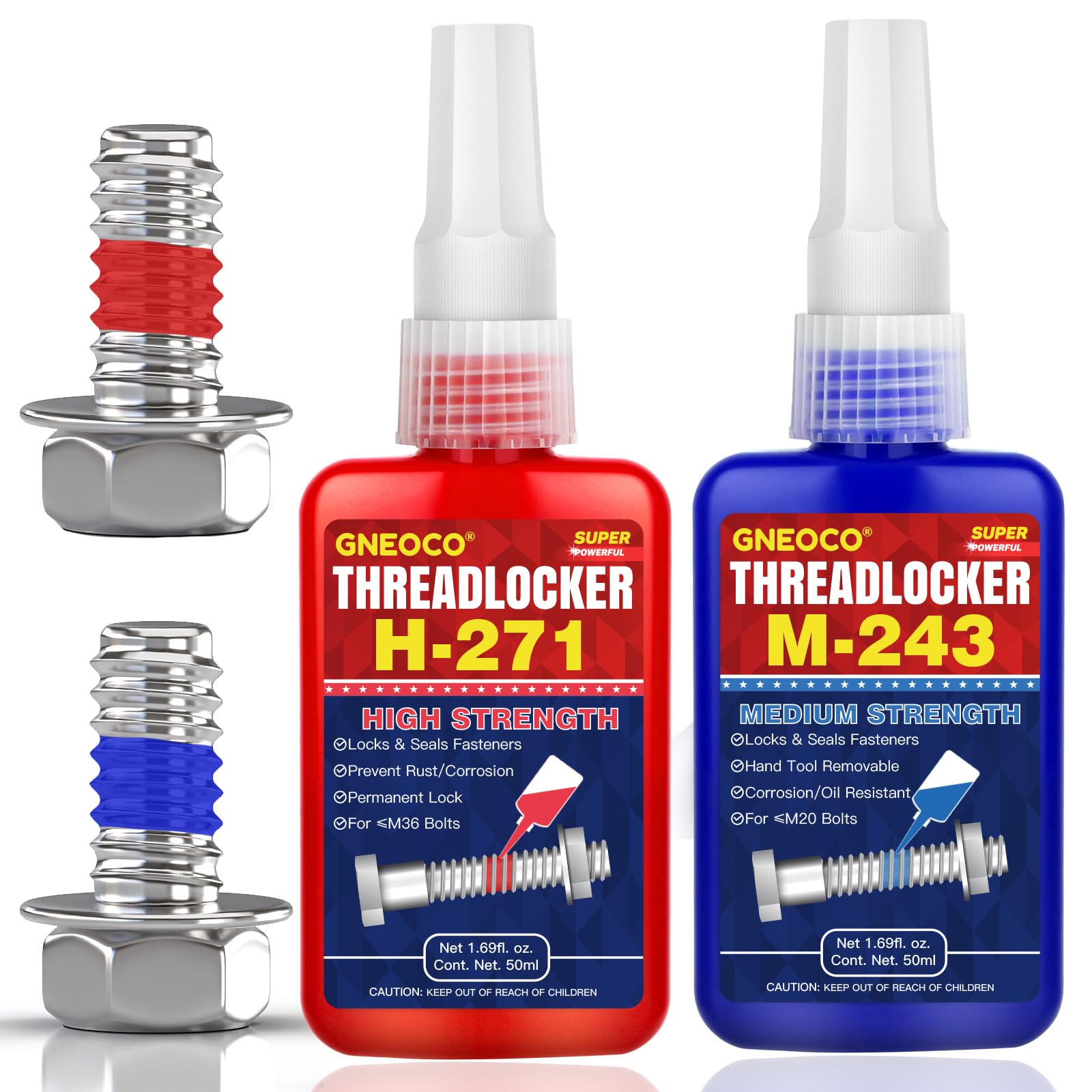 Threadlocker Blue And Red, Thread Lock Medium High Strength Lock Tight For Nuts, Bolts, Fasteners And Metals, Anaerobic Curing M
